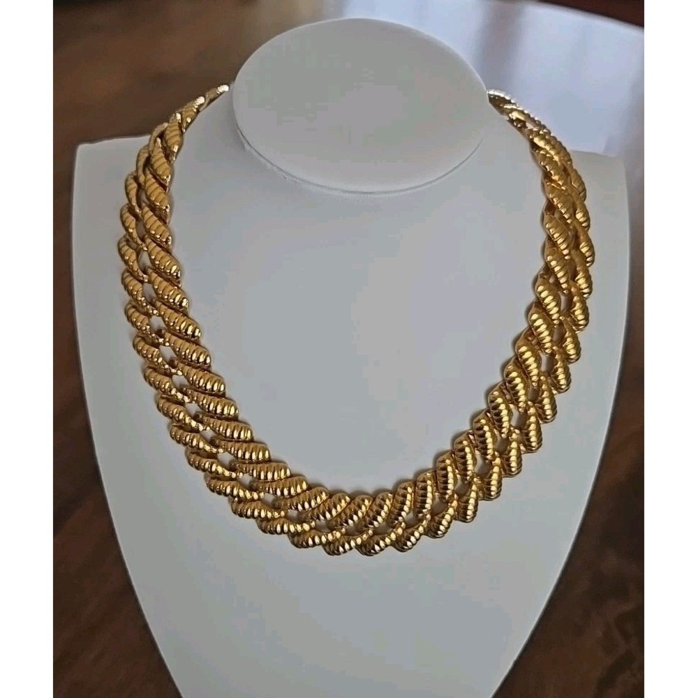 VTG Napier Gold Tone Statement Bib Necklace Ribbed 18" Link Bold/Beautiful EUC